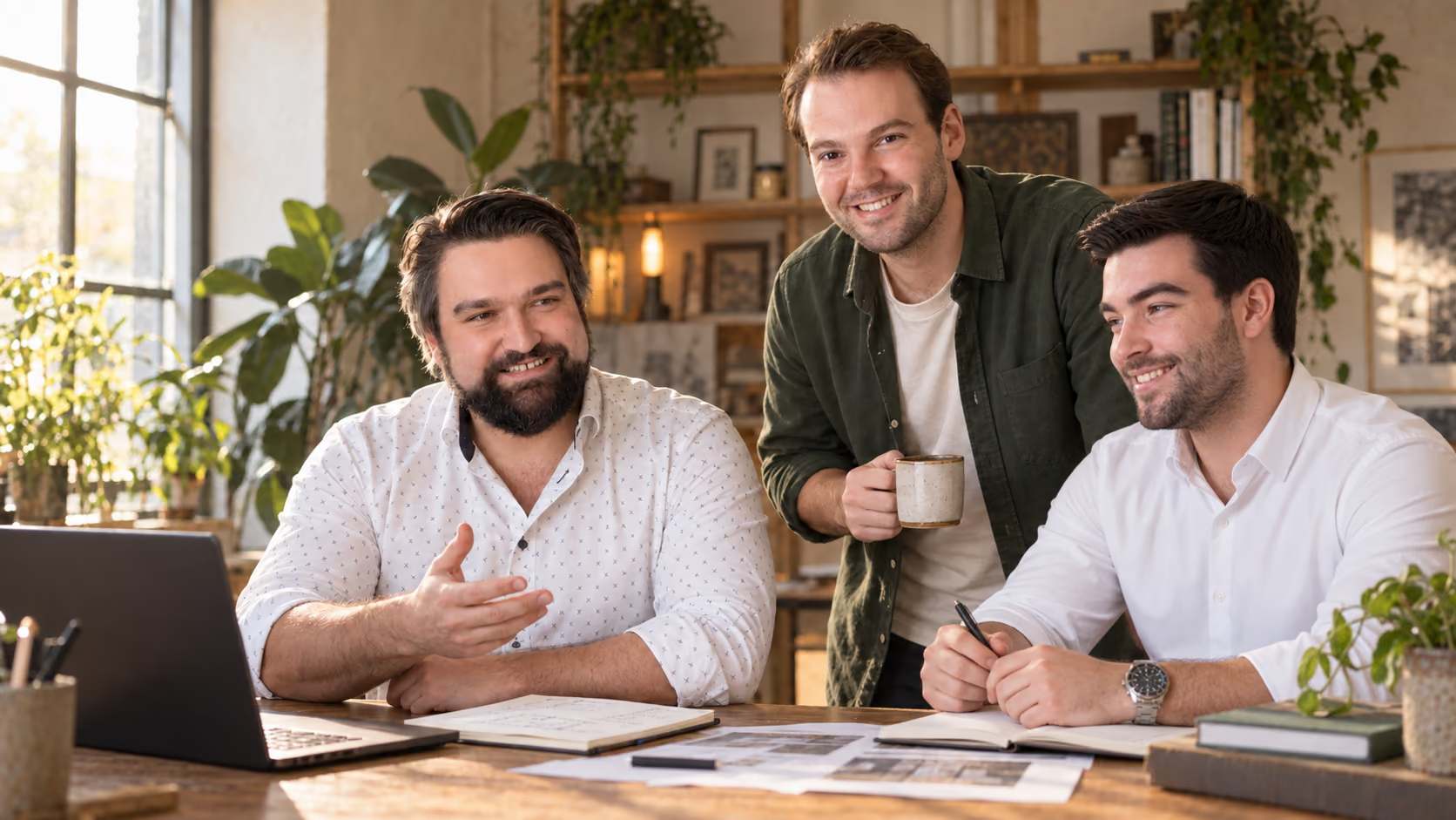 Drie collega's in een warme, lichte werkruimte met veel planten; één van hen houdt een kop koffie vast en ze lachen samen, op hun gemak.